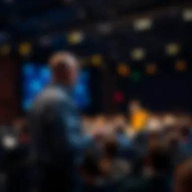 An expert speaker presenting on stage at a blockchain technology conference