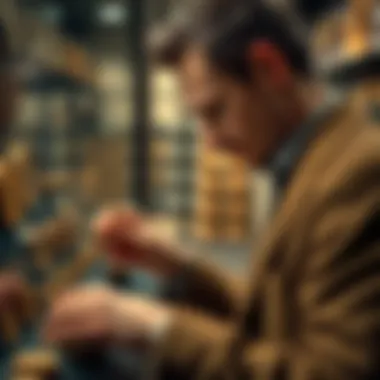 A modern collector examining classic coins in a display