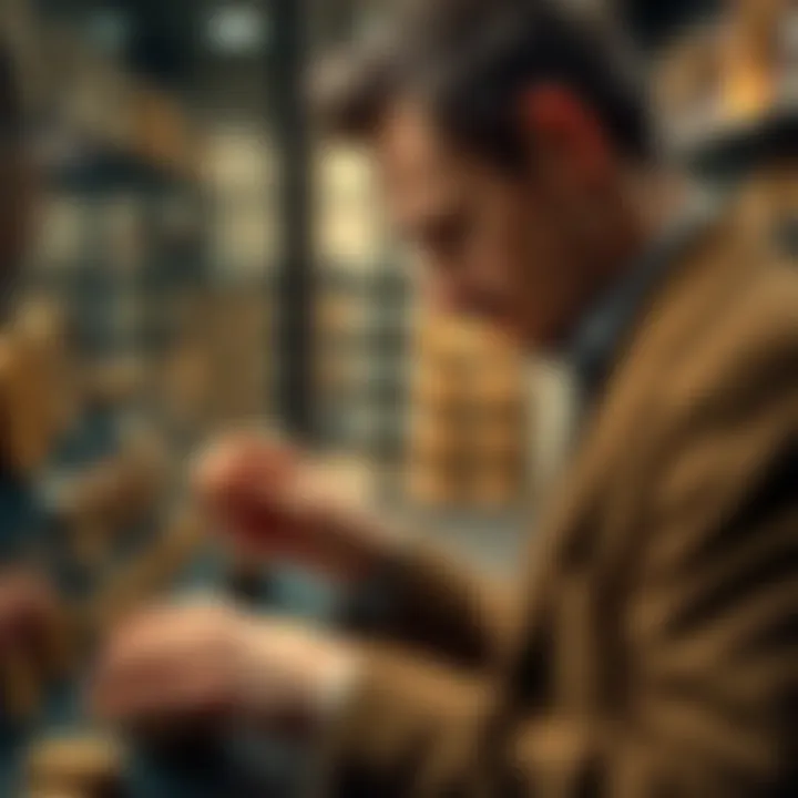 A modern collector examining classic coins in a display