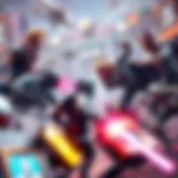 Gaming-Centric Metaverse Environment A vibrant gaming landscape showcasing diverse avatars engaging in a virtual battle.