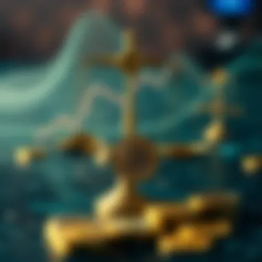 An abstract depiction of ethical dilemmas in cryptocurrency, featuring scales and digital coins.