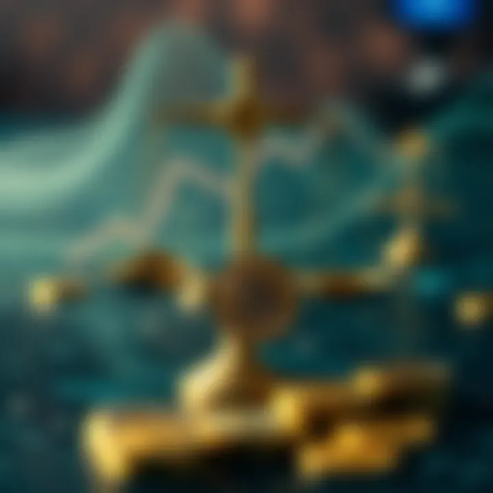 An abstract depiction of ethical dilemmas in cryptocurrency, featuring scales and digital coins.