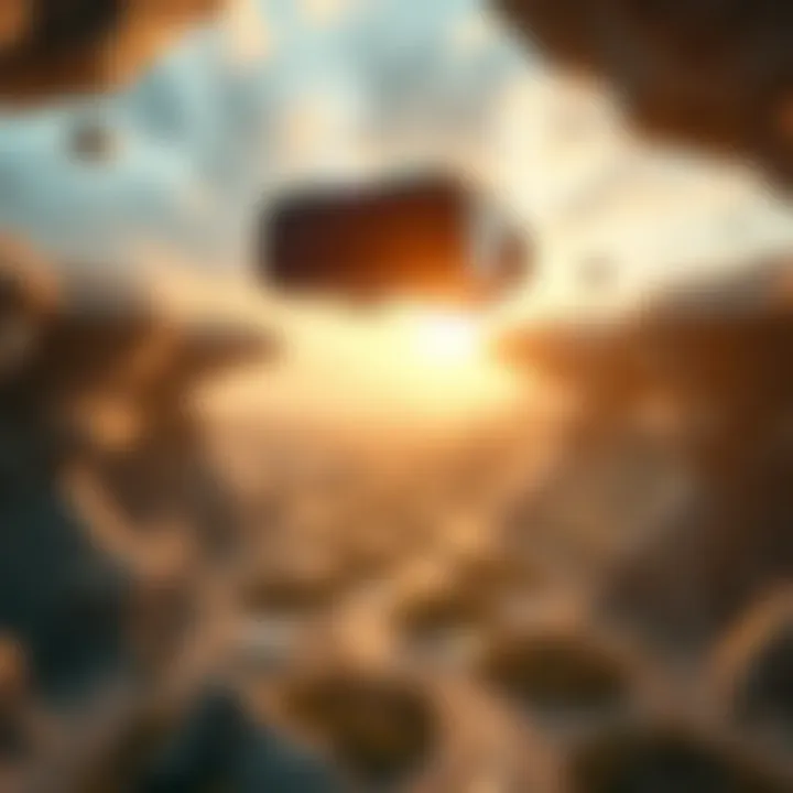 An immersive virtual reality environment depicting a futuristic landscape